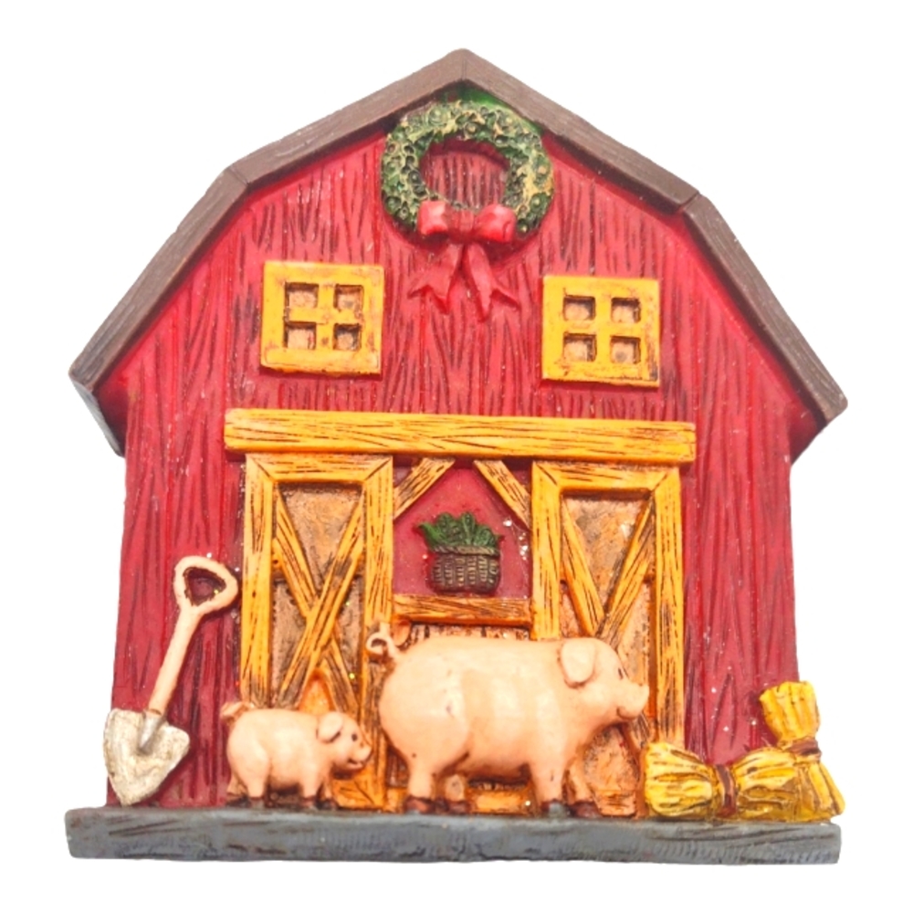 Red Barn and Pigs Resin Christmas Ornament 3.5" Midwest CBK